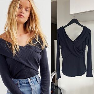 Free People Marley Top Buff Feminine Cozy Boho Longsleeve Off the Shoulder Sz L
